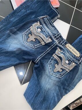 Rock Revival Dark Blue Embroidered Back Pocket Boot Cut Jeans